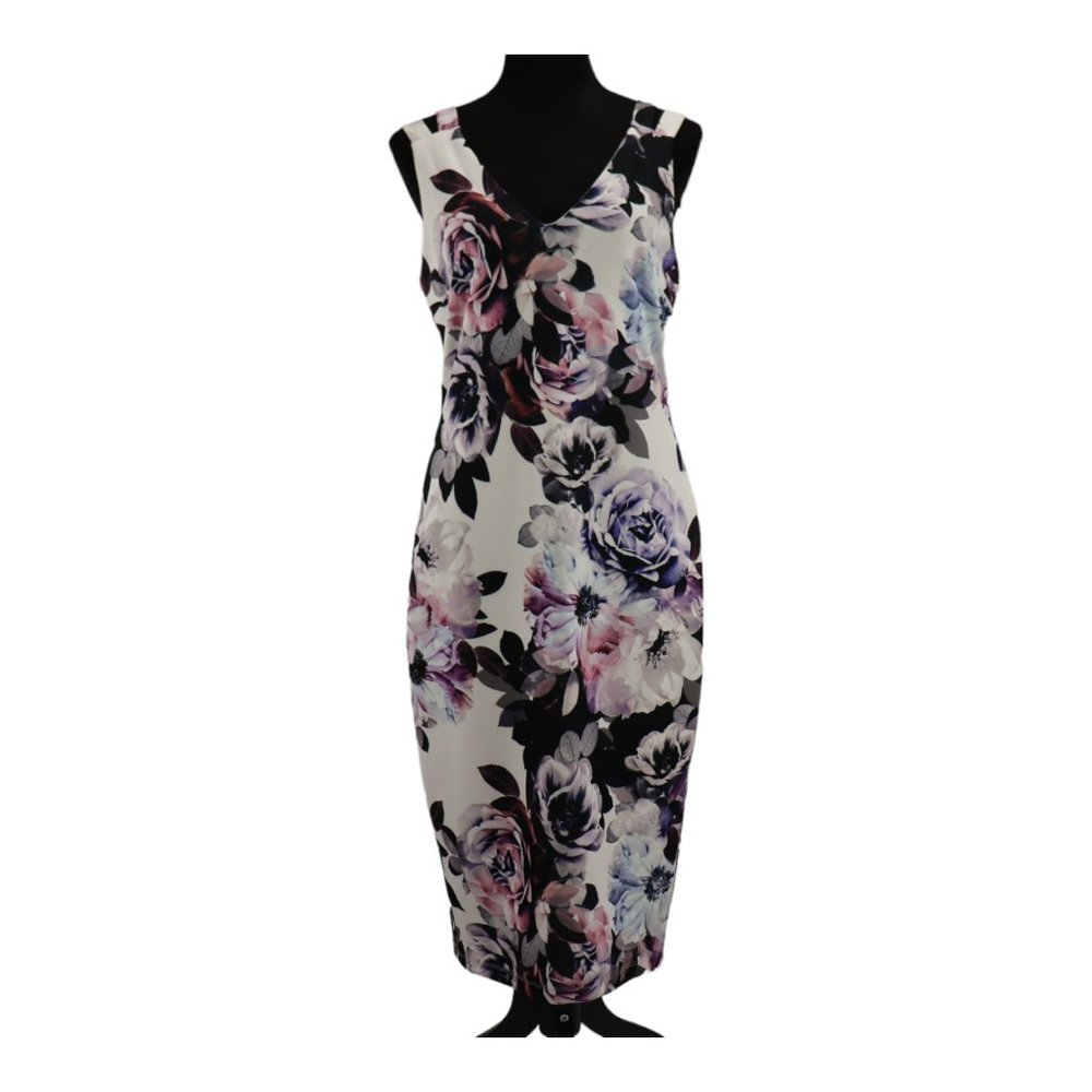 Premier Amour Women's Purple White Floral V Neck Sheath Dress Zip Size 10 NWT